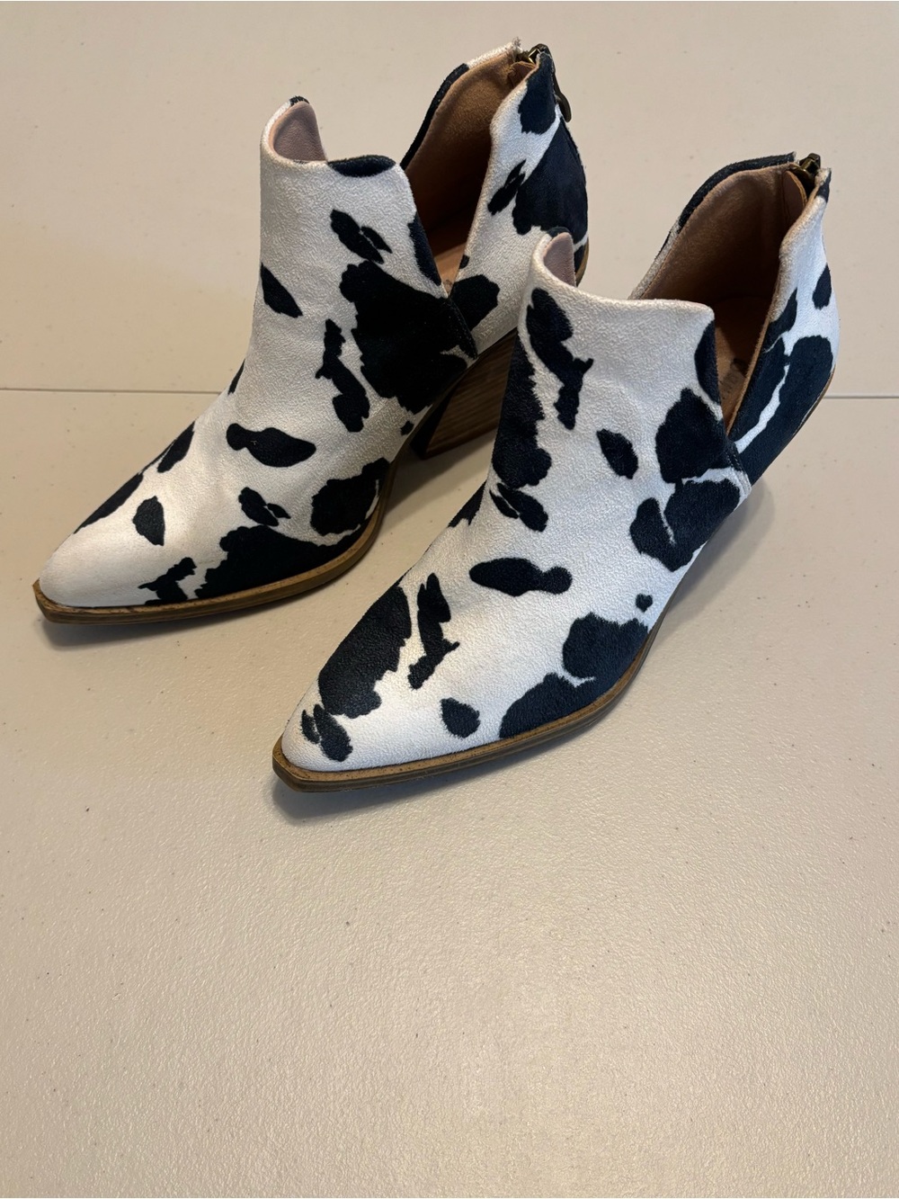Cow-Print Pointed Ankle Booties - Black & White